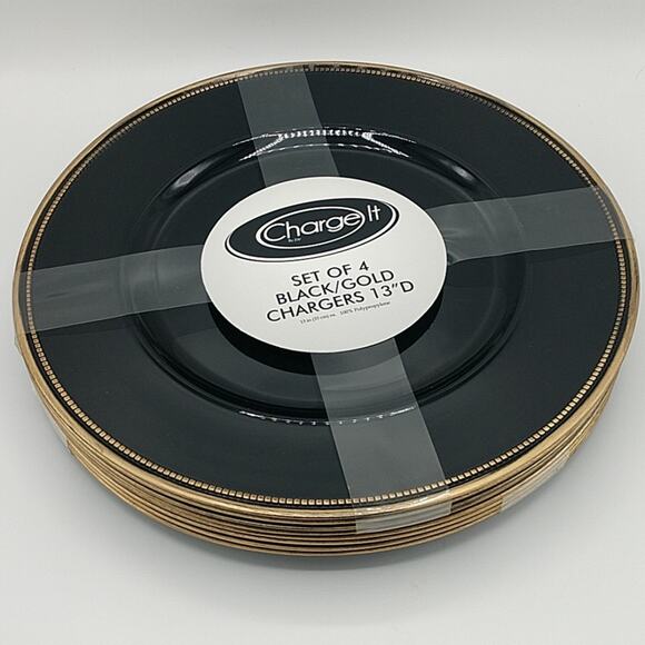 NWT 4 piece Black/Gold Edge Plates 13" - Picture 2 of 7